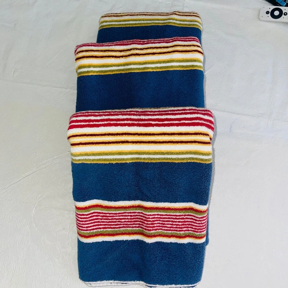 Pottery Barn Beach Towel Set of 3 28x55 Blue Red Yellow Striped 100% Cotton